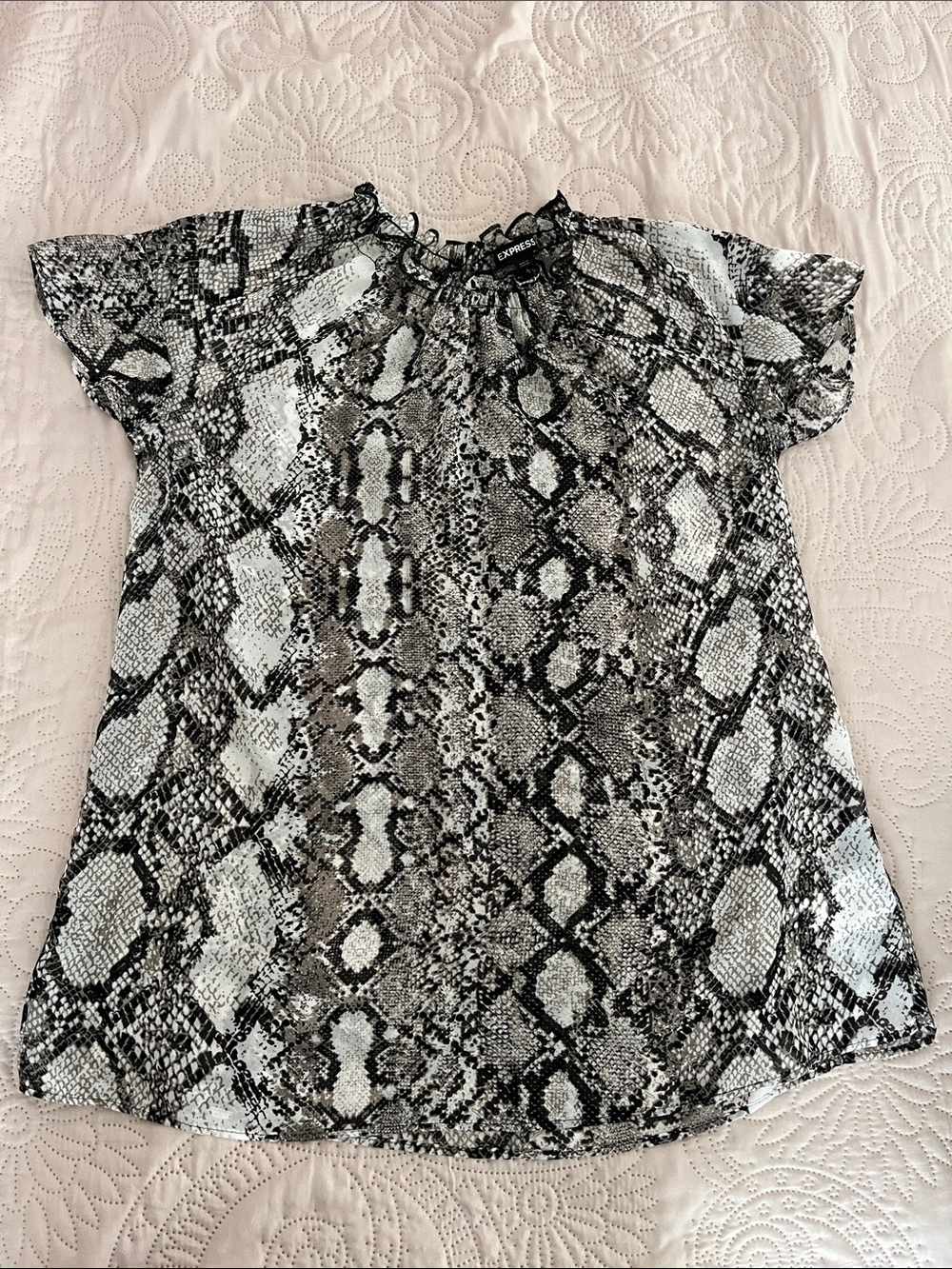 Express Snake-Print Sheer Flutter Sleeve Top, EUC